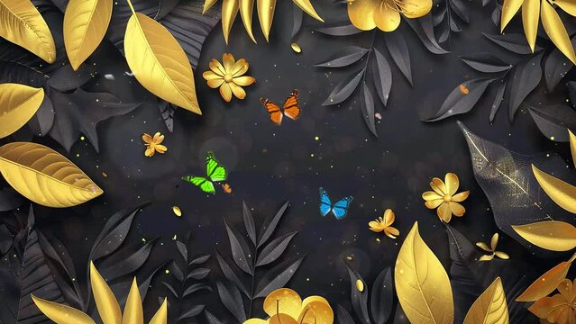 black and yellow leaves on black background. summer sale banner template social media post. seamless looping overlay 4k virtual video animation background
