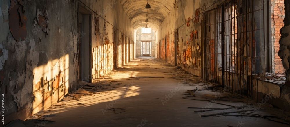 Aufkleber sunlight filters through a long hallway filled with multiple windows, creating a bright and airy atm