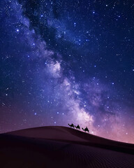 A breathtaking image capturing a silhouette of a camel caravan traversing a desert under the vast, starry night sky