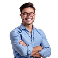 Confident Business Professional: Smiling Executive  wearing glasses with arms crossed on chest in blue shirt. Professional portrait isolated on transparent background.
