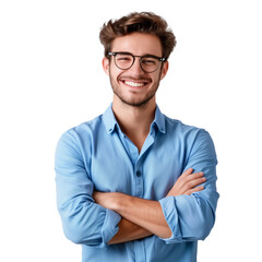 Smiling Young Businessman wearing glasses with arms crossed on chest in blue shirt. Professional portrait isolated on transparent background.