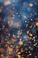 Elegant Festive Bokeh: Dark Blue and Gold Foil Texture with Sparkling Particles, Holiday Background.