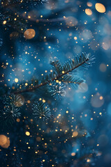 Spruce branches on a dark blue background in glowing gold particles and bokeh.
