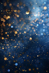 Golden Festive Sparkle: Abstract Navy Blue Background with Shining Particles. Bokeh Backdrop.