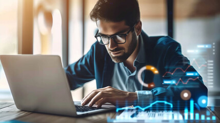 Young man with glasses sitting and working with laptop? Hologram of graph of sales and revenue increase graph in foreground glowing: man analyzing data using business data analytics tools