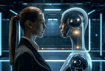Robotic AI Dialogue with human: Futuristic Innovation Insights or machine learning concepts. Generative artificial intelligence technology - 768398677
