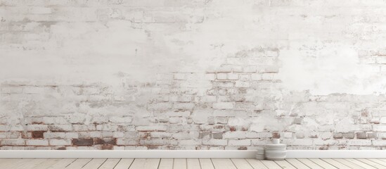 A monochrome room in a city building with a white brick wall and wooden floor, creating a parallel pattern of rectangles - obrazy, fototapety, plakaty