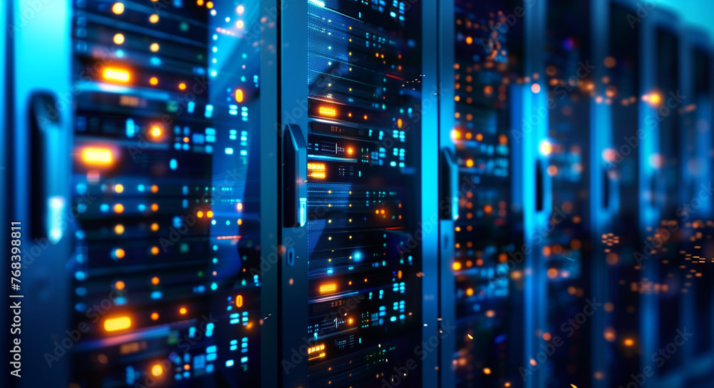 Poster row of network servers: illuminated led lights