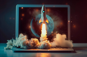 Digital Rocket: Business Innovation Takes Off from Laptop Screen  with a picture of the planet in the background. - 768398809