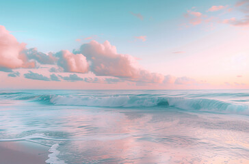 Panoramic Seascape: Pink Sunset at Beach and Close-up of waves on the sand.