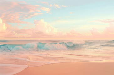 Pink sunset on inspiring tropical beach. Close-up of waves on the sand.