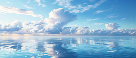Serene Seascape with Azure Sky and clouds reflecting in crystal clear waters. Tropical Beach Horizon