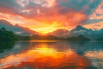 Serenity at Sunset: Vibrant Colors Reflecting on Lake Waters against the backdrop of the mountains - 768398842