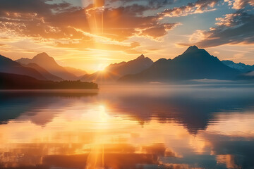 Tranquil sunset on a mountain lake: Sunbeams and Colorful reflections in the water on the background of mountains