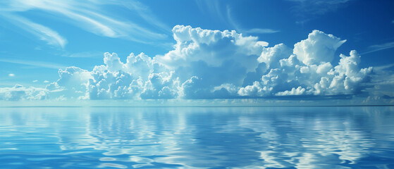 Azure sky, clouds reflecting in crystal clear waters. Panorama of a tropical beach.