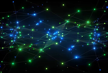 Blue and Green Network Technology Lines with luminous connections and nodes forming a complex network: symbolizing global interconnectivity in the world of blockchain technology, cyberspace, science
