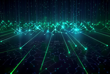 Abstract Futuristic Background with Blue and Green Lines with luminous connections and nodes symbolizing global interconnectivity in the world of blockchain technology, digital technology and science 