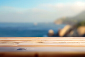 Seaside Wooden Table on the background of the sea, island and the blue sky. Tranquility by the Sea. Mockup for your design.