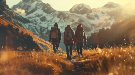 Family and friends hiking in the mountains against the background of beautiful nature and rays of the setting sun