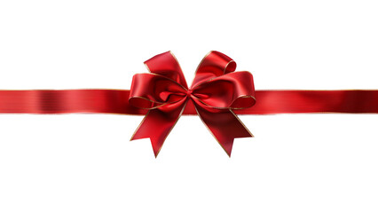 Elegant red ribbon with gold border and bow: a festive decorative element on a transparent background.