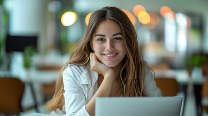 Young Female Developer Smiling with Laptop in Modern Café - 768399099
