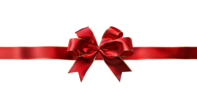 Elegant red ribbon with gold border and bow: a festive decorative element on a transparent background.