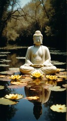 Serene Buddha statue meditating by a calm pond, with candles creating an atmosphere of tranquility