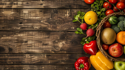 Fresh vegetables and fruits on wooden background.  