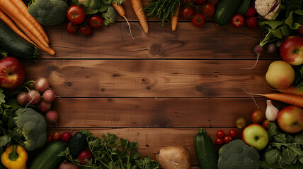 Fresh vegetables and fruits on wooden background.

 - obrazy, fototapety, plakaty