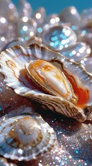 A close-up shot of multiple fresh oysters resting on a bed of ice, with one prominently open showing the delicate meat inside