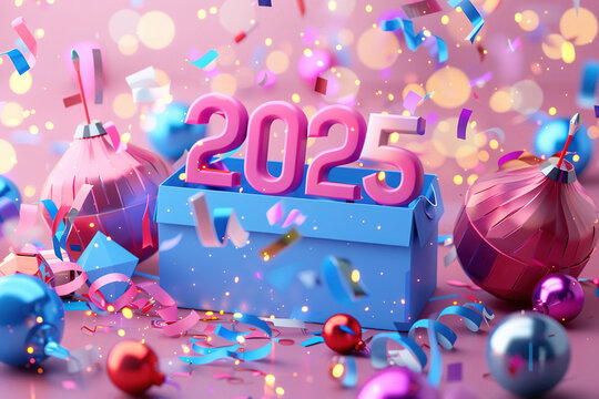 Happy new year 2025 fireworks gift box confetti text , image