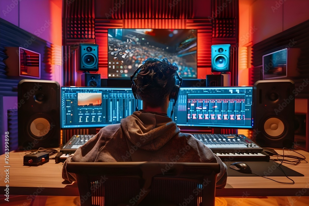 Poster an editor using advanced software to enhance visual and audio elements for a film project in a moder