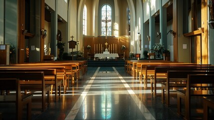 Intimate view inside a church on Holy Saturday, embodying the calm and sacred wait for Easters light - obrazy, fototapety, plakaty