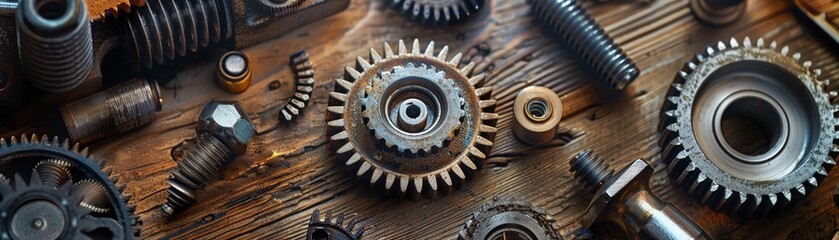 Metallic mastery, A detailed exploration of gears and mechanical parts, set in the creativity of a workshop