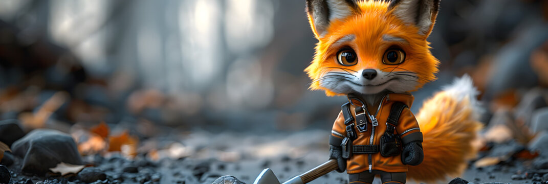 3D Fox in Construction Outfit Holding a Hammer,
A cartoon fox with a helmet and armor