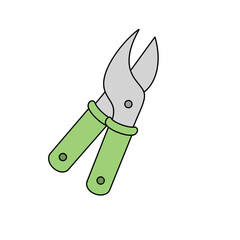 A pair of green pruning shears with a silver handle. The shears are open and ready to be used