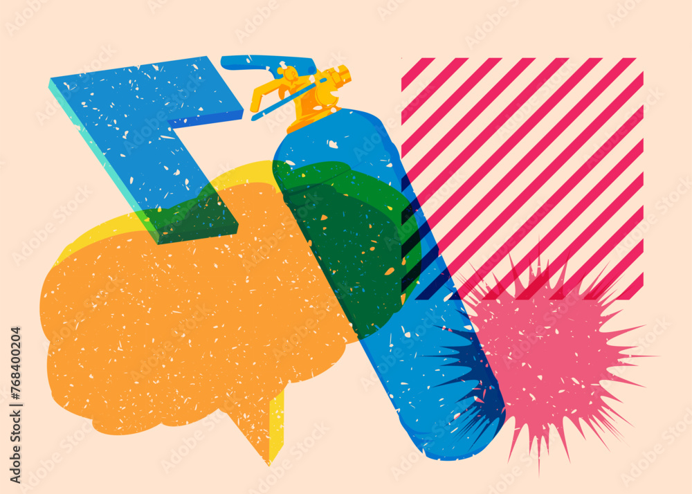 Poster risograph fire extinguisher with speech bubble with geometric shapes. objects in trendy riso graph p