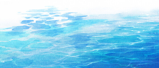 透明水彩で描いた海の風景イラスト　水面と波　水彩背景 - obrazy, fototapety, plakaty