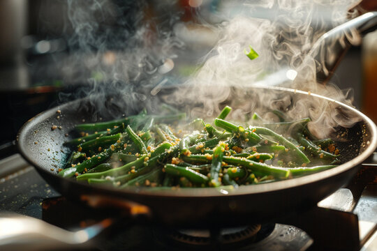 A vibrant scene of green beans being sauteed in a pan, with steam rising, capturing the essence of cultivation