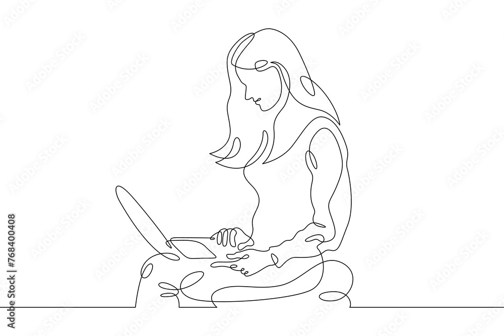 Poster one continuous line. the woman works at the computer. a female character sits at a laptop. work with