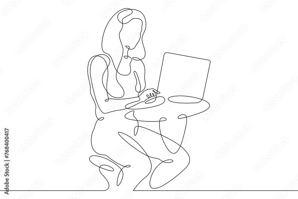 Poster one continuous line. the woman works at the computer. a female character sits at a laptop. work with