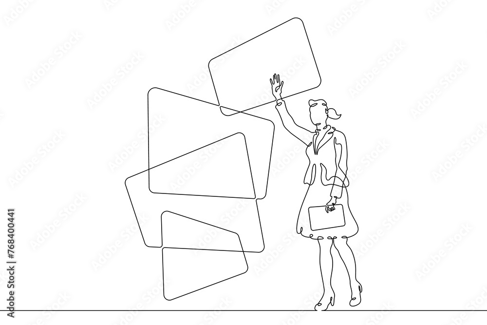 Poster one continuous line. the woman works at the computer. the female character is using multiscreens. se
