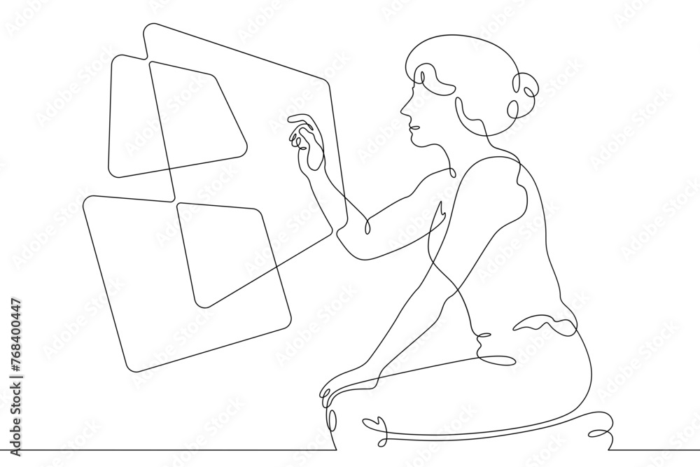 Poster one continuous line. the woman works at the computer. the female character is using multiscreens. se