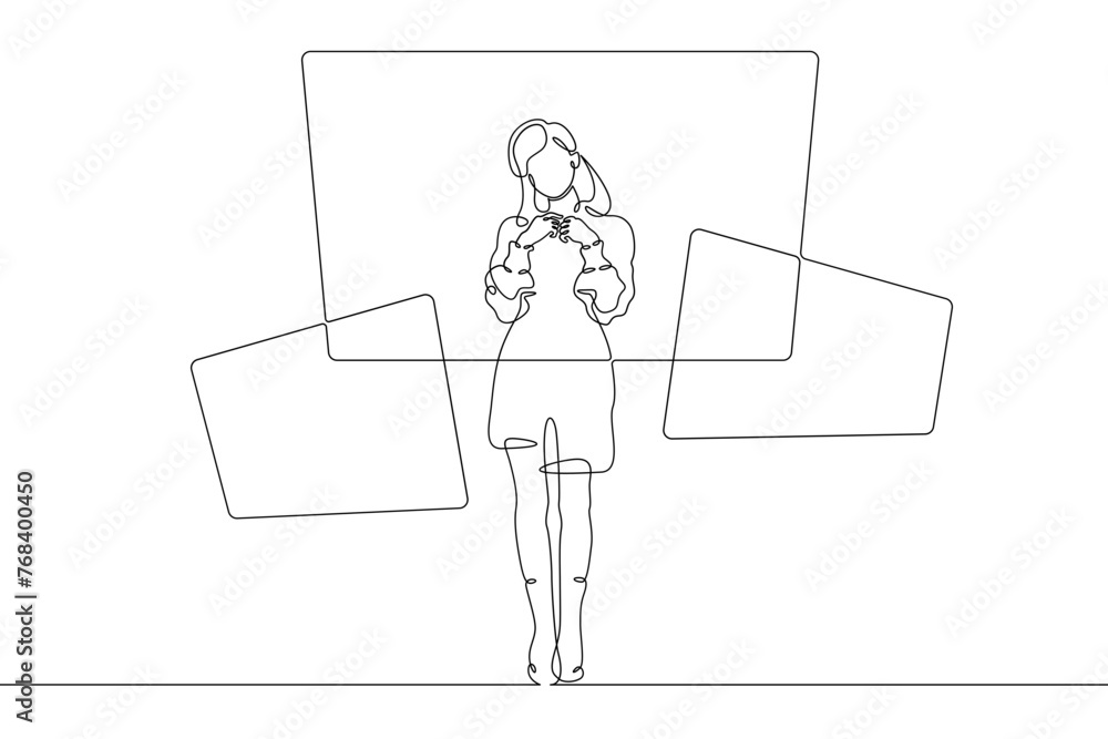 Poster one continuous line. the woman works at the computer. the female character is using multiscreens. se