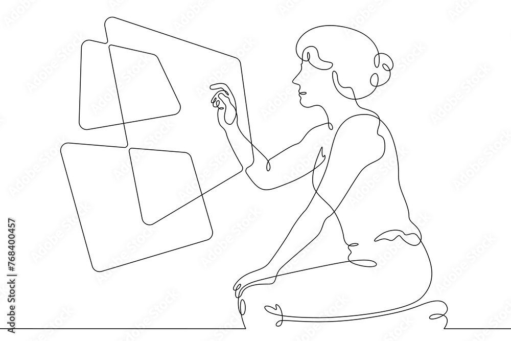 Poster one continuous line. the woman works at the computer. the female character is using multiscreens. se