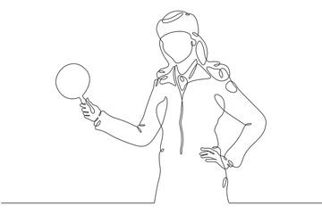 One continuous line.A woman railway worker gives a signal. Railway worker female character.One continuous line is drawn on a white background. - obrazy, fototapety, plakaty