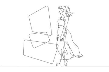 One continuous line. The woman works at the computer. The female character is using multiscreens. Search for information on multiple screens. Multiscreen for media.One continuous line is drawn on a wh