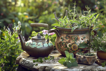 Hot herb tea in a rustic pot, ready to brew and soothe, surrounded by a garden of herbs - obrazy, fototapety, plakaty