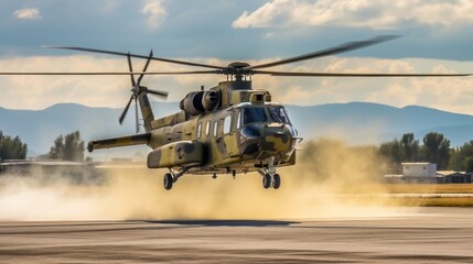 IAR-330 Puma military helicopter Air Forceslaunches thermal traps on the Aurel Vlaicu airport in Bucharest during an air show. - obrazy, fototapety, plakaty