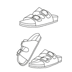 Women's flat sandals with double buckles. Outline vector doodle illustration, front, side, and top view, isolated with a white background.